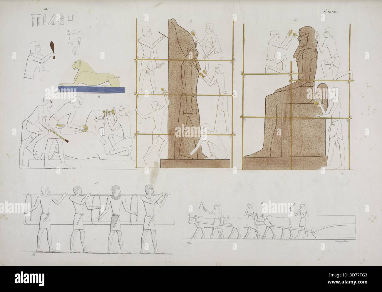 Eine Sammlung von sechs Lithographien, die eine Löwenskulptur, eine Sphinx, das Polieren zweier kolossaler Granitstatuen und den Transport von Steinen und Balken darstellen. Die Bilder entstanden zwischen 1832 und 1844 von Giuseppe Angelelli, Gaetano Rosellini und Salvador Cherubini. Der Ort der Szenen umfasst Pisa und verschiedene Orte in Ägypten, wie Theben und Korna. Die Lithografien zeigen einige Farben und heben Themen der Antike und des Transports hervor, die mit ägyptischer Skulptur in Zusammenhang stehen Stockfoto