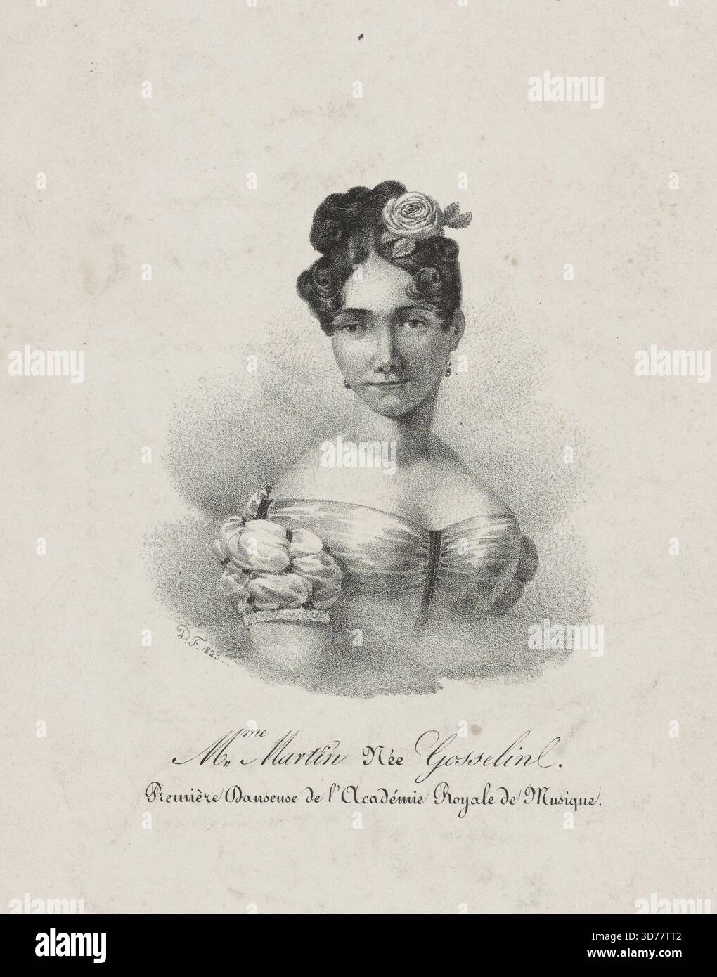 Porträt von Mme. Martin, geb. Gosselin, der Uraufführung der 1823 gegründeten Académie royale de musique. Diese 10 x 9 cm große Lithografie zeigt einen Vignettenstil und stellt ihre Darstellung im Kontext des Balletts aus dem 19. Jahrhundert dar. Das Kunstwerk wurde in Paris als eine Einheit innerhalb der Kategorie Graphic Arts Prints herausgegeben Stockfoto