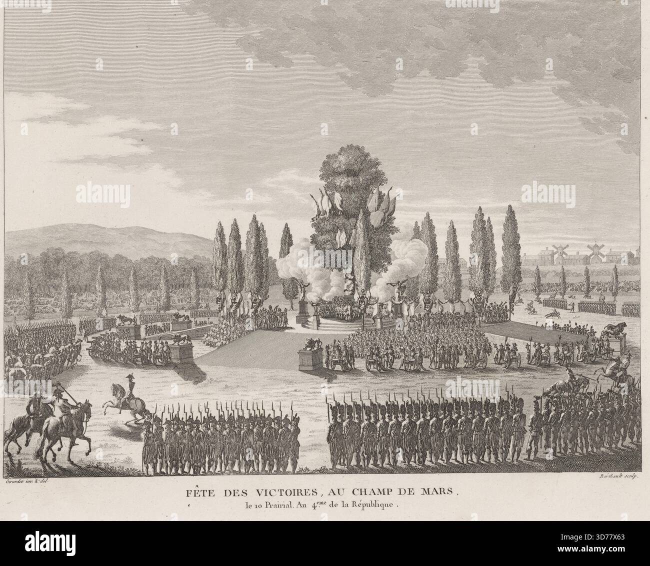 Fête des Victoires, au Champ de Mars, 1796, von Abraham-Louis Girardet (1772–1820). Dieser Druck mit dem Titel „Fête des Victoires, au Champ de Mars“ ist Teil der Serie „Tableaux Historiques de la Révolution Francaise“. Sie wurde 1796 in Paris ausgestellt, misst 30 x 44 cm und ist mit einem Gravur versehen, der eine historische Feier im Zusammenhang mit der Französischen Revolution (1789-1799) darstellt, die den Tanz und die Feierlichkeiten des 18. Jahrhunderts in Frankreich widerspiegelt Stockfoto