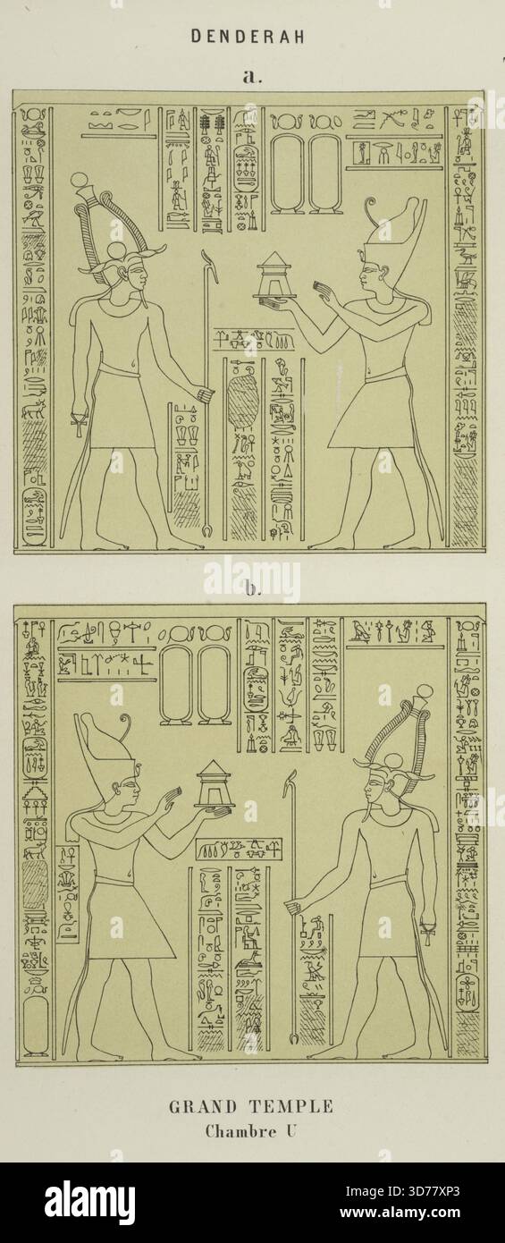 Denderah. Großer Tempel. Chambre U., 1870., Tableau auf der Rückgabe der rechten Wand, unmittelbar nach dem Tableau auf der vorherigen Platte; Tableau auf der Rückgabe der linken Wand platziert, unmittelbar nach dem Tableau auf der vorherigen Platte., Paris, Verlag, A. Franck und F. Vieweg, 1870, Tempel des Hathor (Dandara, Ägypten), Architektur, Dandara (Ägypten) Stockfoto