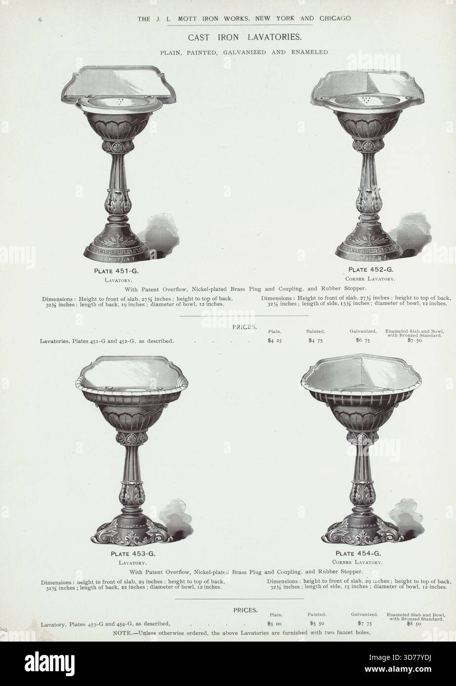 Gusseiserne Toiletten in verschiedenen Ausführungen, darunter glatt, lackiert, verzinkt und emailliert. Mit Platten 451-G, 452-G, 453-G und 454-G. Herausgegeben zwischen 1877 und 1893 von J.L. Mott Iron Works, mit Standorten in 88 & 90 Beekman Street, New York, und 311 & 313 Wabash Avenue, Chicago. Der Katalog konzentriert sich auf Sanitärausrüstungen und -Verbrauchsmaterialien Stockfoto