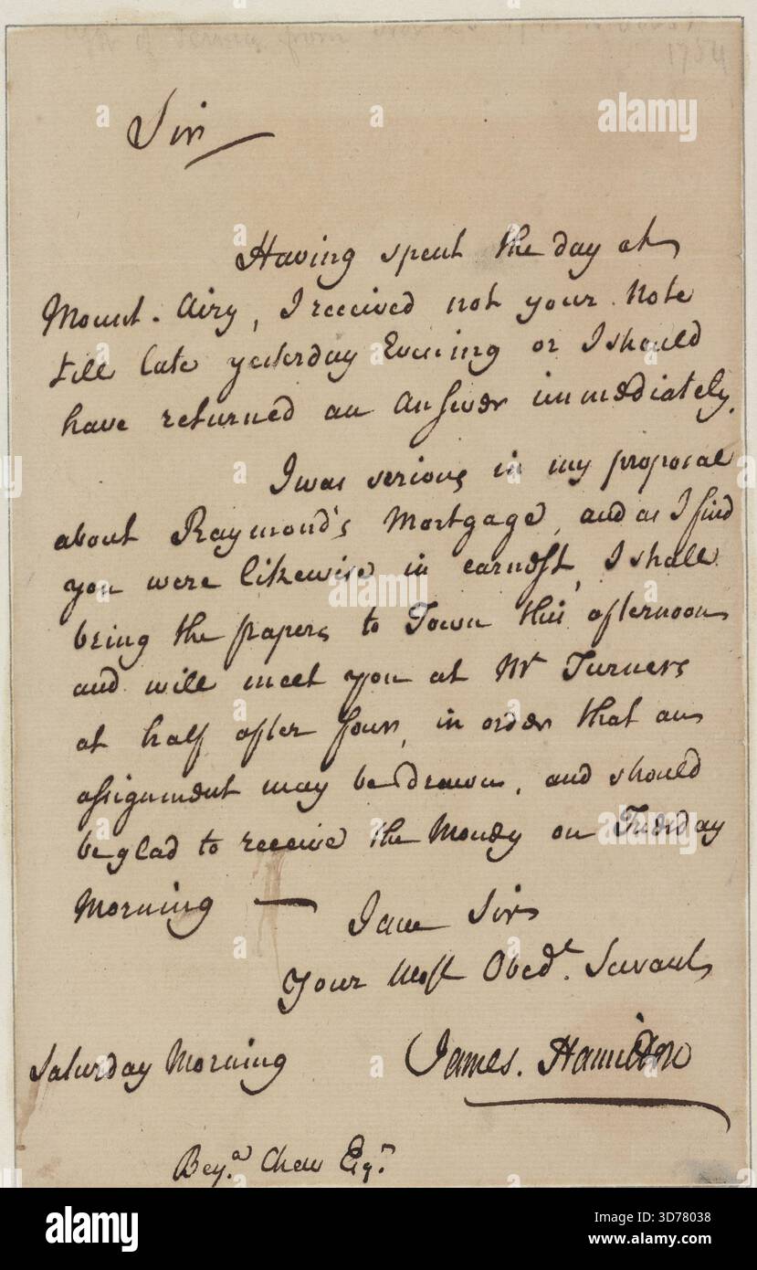 Brief an Benjamin Chew, 1750, Philadelphia, Pa., A. L. S. 1 Seite. 8o Stockfoto