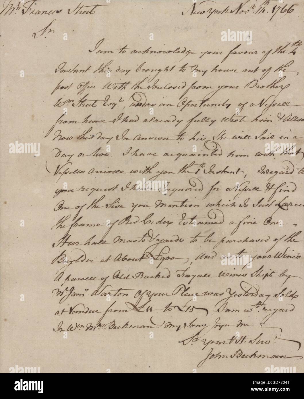 Brief an Francis Street, Philadelphia, vom 14. November 1766, aus New York. Der Buchstabe ist ein signierter Autogramm (A. L. S.) und besteht aus einer Seite, die im Quartoformat (4o) formatiert ist Stockfoto