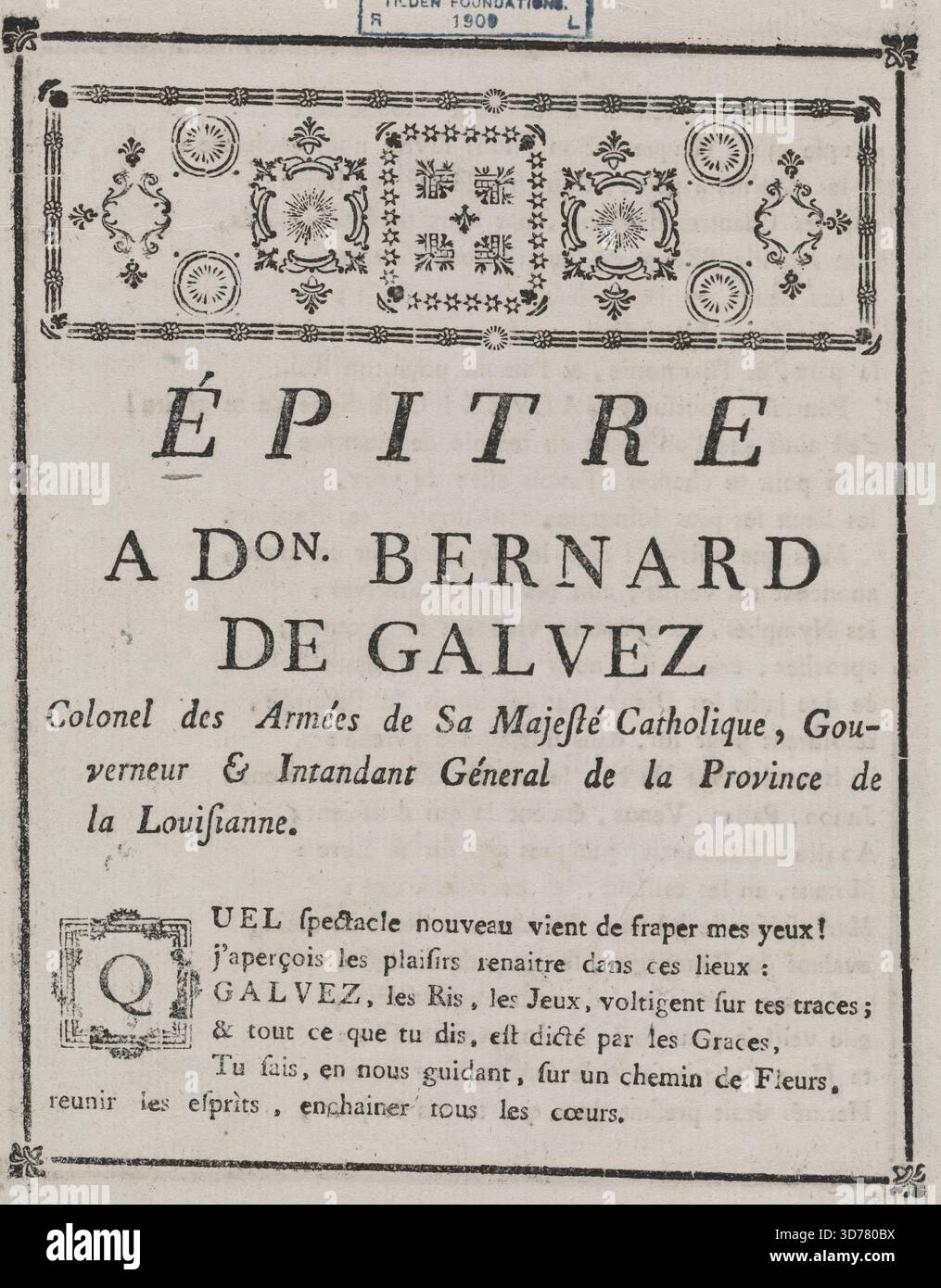 Epitre a Don. Bernard de Galvez, Oberst des armées de Sa Majesté catholique, gouverneur et intendant général de la Province de la Louisianne, 1777., 1777., A La Nouvelle Orléans. Herausgeber: chez Antoine Boudousquié, imprimeur de ROI et du Cabildo. Gálvez, Bernardo de, 1746-1786. Louisiana, Politik und Regierung, bis 1803., 4 S.; 25 cm Stockfoto