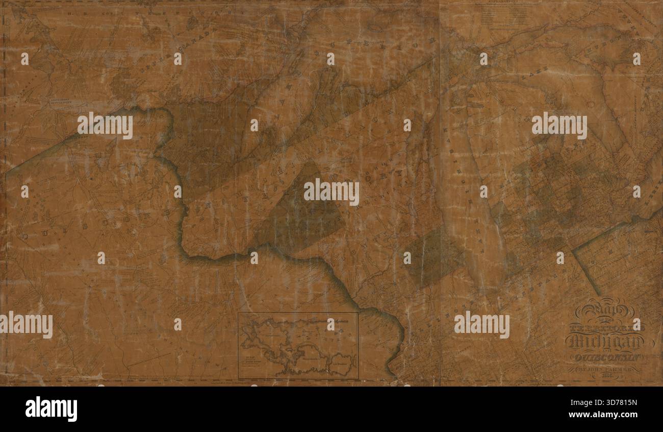 Verbesserte Karte der Territorien Michigan und Wisconsin im Maßstab von 30 geographischen Meilen bis zu einem Zoll, herausgegeben 1836 von J.H. Colton & Co. Die Karte zeigt administrative und politische Abteilungen von Michigan und Wisconsin sowie die Great Lakes Region und den Saint Marys River. Die Abmessungen der Karte sind 54 x 80 cm und handkoloriert. Der Ort der Veröffentlichung ist New York, N.Y Stockfoto