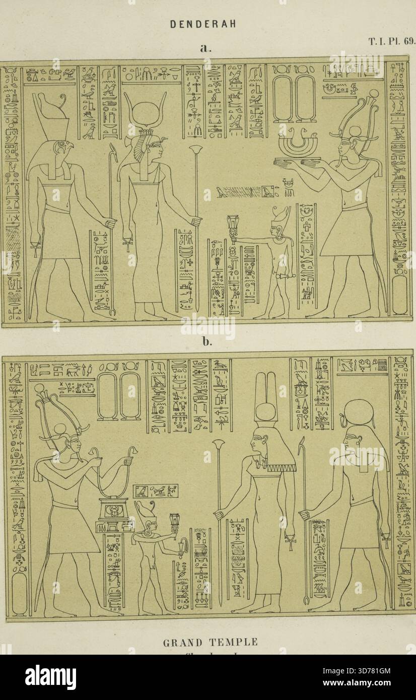 Denderah. Großer Tempel. Chambre J. Tableau auf der Rückgabe der rechten Wand, unmittelbar nach dem Tableau auf der vorherigen Platte; Tableau auf der Rückgabe der linken Wand, unmittelbar nach dem Tableau auf der vorherigen Platte., Paris. Herausgeber: A. Franck und F. Vieweg., 1870. Tempel des Hathor (Dandara, Ägypten), Architektur, Dandara (Ägypten Stockfoto