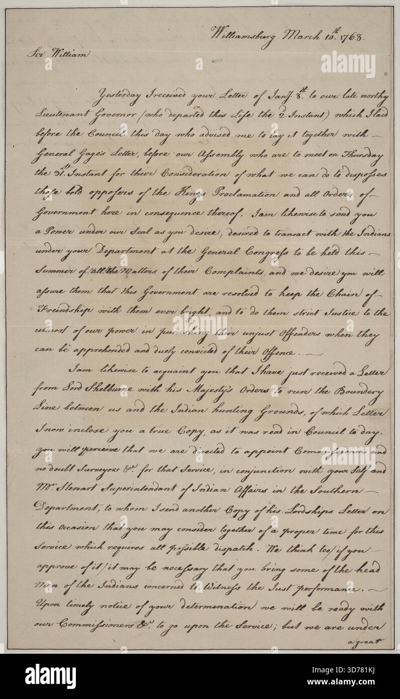 Brief an Sir William Johnson, Tryon County, N. Y., 1768-03-10, Williamsburg, VA., L.S. 2 S. Fo Stockfoto