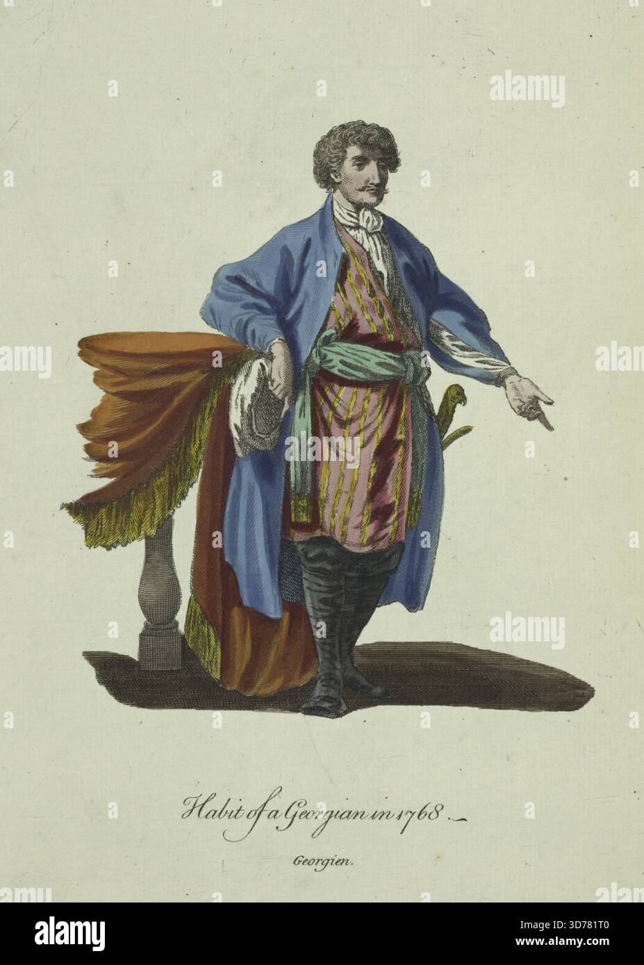 Gewohnheit eines Georgiers im Jahre 1768, geschaffen von Jean-Baptiste Le Prince (1734–1781). Das Bild stammt von 1757 bis 1772 und wurde in London von T. Jefferys veröffentlicht. Es zeigt ein Kostüm aus dem Iran, das sich speziell auf Herrenbekleidung und -Kleidung in der Zeit von 1700 bis 1799 konzentriert. Die Gravur ist handkoloriert Stockfoto