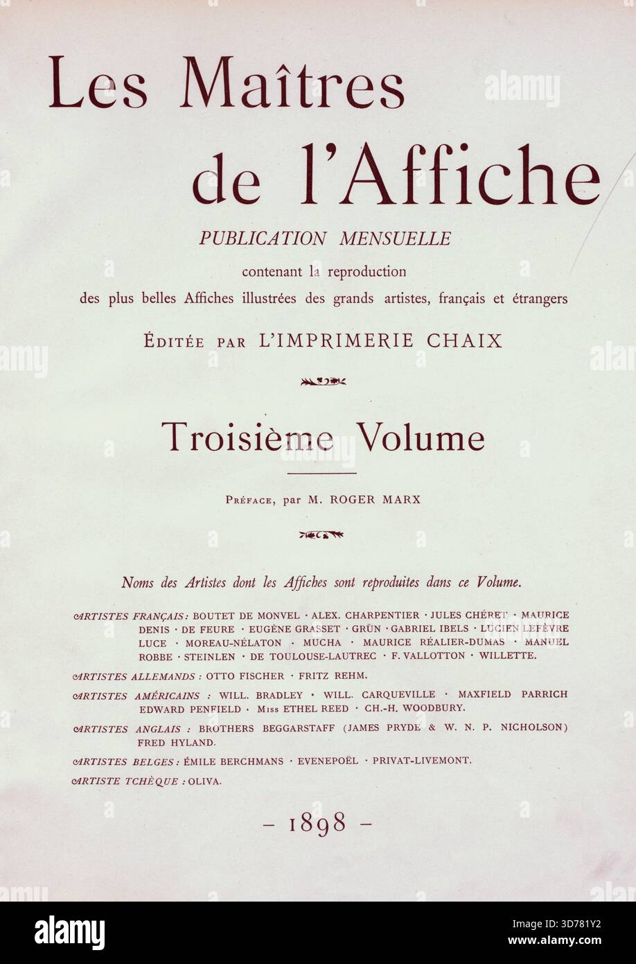 Titelseite von 'Maîtres de l'affiche', dritter Band, 1898, herausgegeben von Imprimerie Chaix, Paris Stockfoto