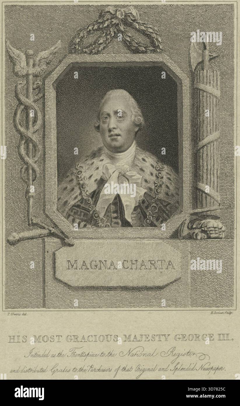 Ein Porträt seiner liebenswürdigsten Majestät Georg III., König von Großbritannien (1738–1820), erstellt von Thomas Uwins (1782–1857). Ausgestellt in London von J.B. Bell & Co. In den Jahren 1777 bis 1808 Stockfoto