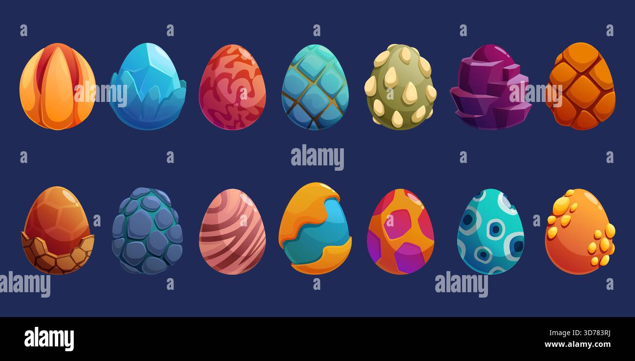 Fantasy-Dracheneier. Cartoon Neon Ei von Dinosauriern, Außerirdischen oder mystischen Kreaturen. Designressourcen von Dame. Magische und mythologische Elemente, sapid Vektor Stock Vektor