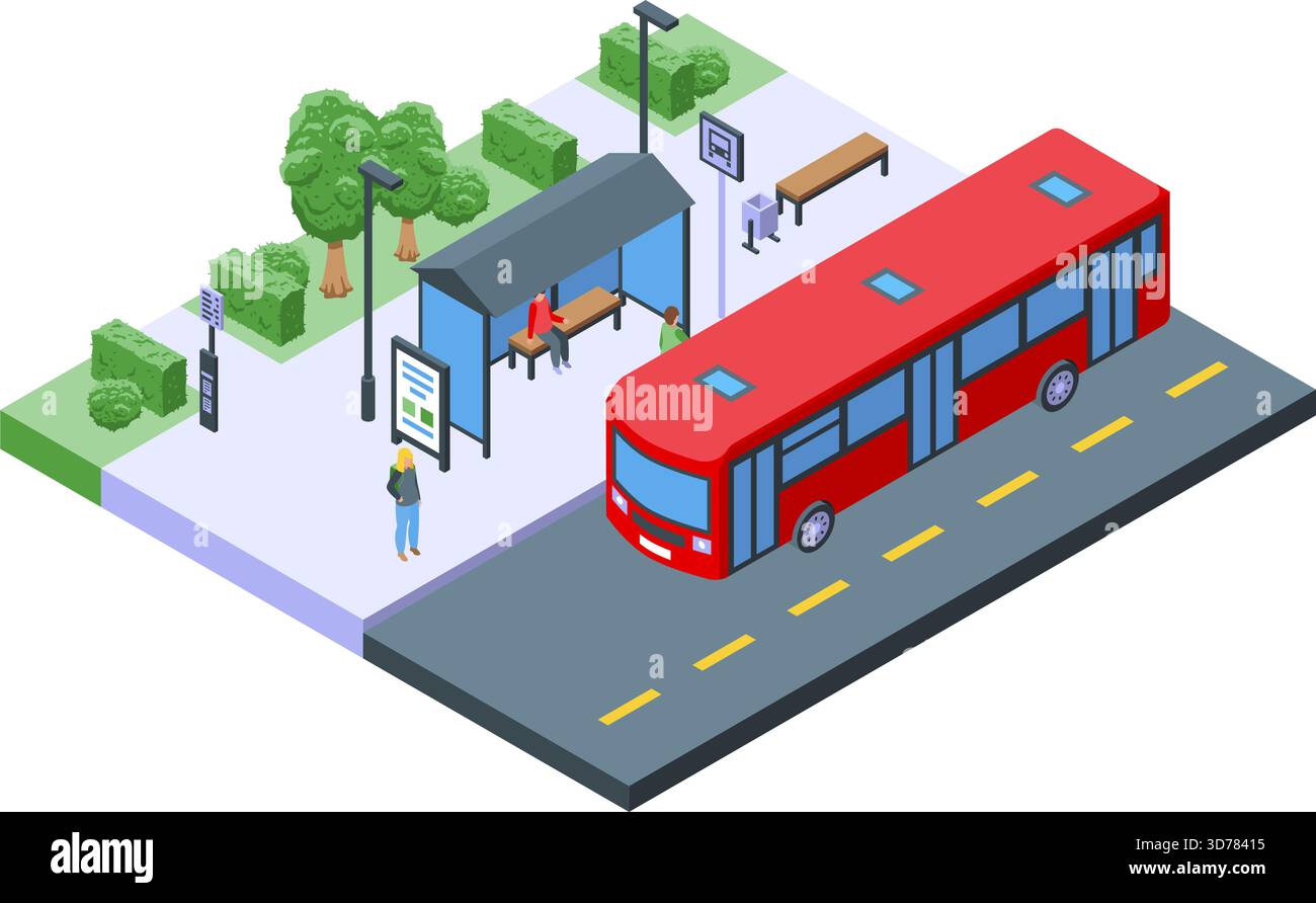 Isometrischer Bus am Busbahnhof. Leute, die auf öffentliche Verkehrsmittel warten. Modernes städtisches Architekturkonzept, Transport und Fahrzeug, schick Stock Vektor
