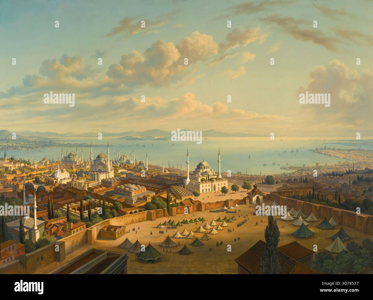 Ansicht von Konstantinopel, Istanbul, vom Bevazit-Wachturm, Türkei, nach einem Gemälde von Hubert Sattler (1817-1904), Reproduktion eines Originals aus dem 19. Jahrhundert. Authentisch, Datei für optimale Verwendung wiederhergestellt, exaktes Datum des Originals unbekannt. Stockfoto