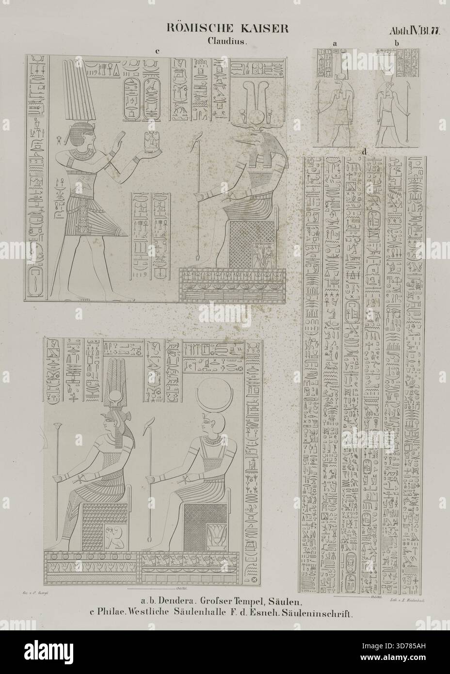 Vier Bilder auf einer Seite, die sich auf den römischen Kaiser Claudius beziehen und architektonische Elemente aus altägyptischen Tempeln zeigen. Die Bilder umfassen a) den Großen Tempel in Dendera mit Säulen; b) die westliche Kolonnade des Tempelkomplexes in Philae; c) Inschriften aus dem Tempel in Esneh. Das Werk entstand zwischen 1849 und 1856 und erschien bei der Nicolaischen Buchhandlung in Berlin. Es umfasst Themen der ägyptischen Antike, Inschriften, Hieroglyphen und den historischen Kontext von Claudius, Kaiser von Rom Stockfoto