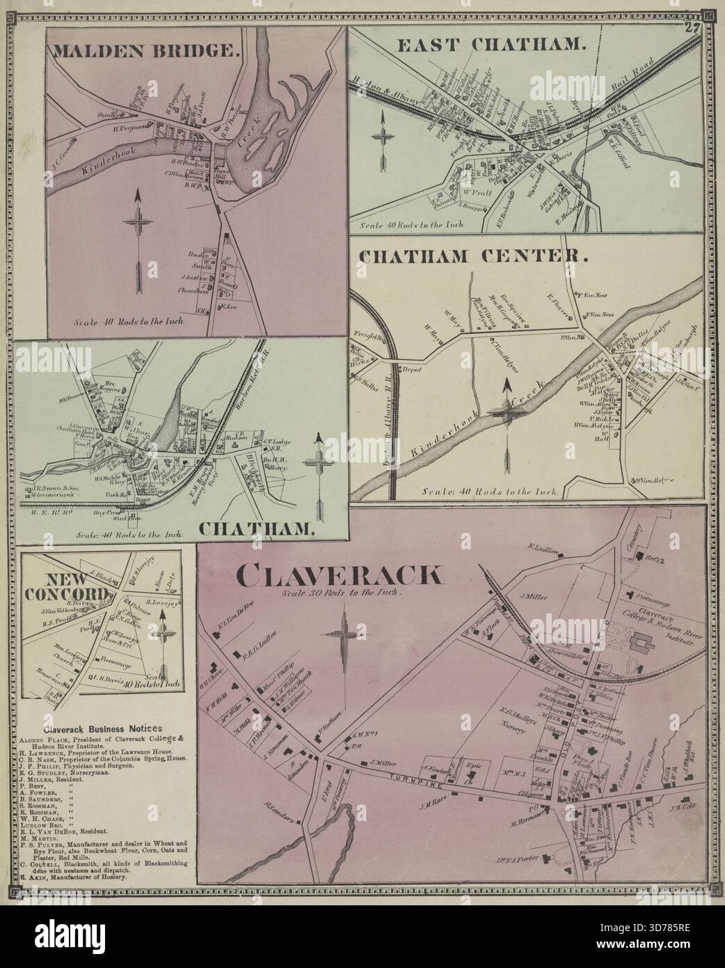 Claverack Village, 1873. Dieses Bild stellt wahrscheinlich verschiedene Dörfer im Columbia County, New York dar, darunter Malden Bridge, East Chatham, Chatham, und New Concord. Es wird von D. G. Beers & Co. In Philadelphia veröffentlicht. Der Schwerpunkt liegt auf den Immobilien- und Geschäftsunternehmen, die in dieser Zeit für die Region relevant sind Stockfoto