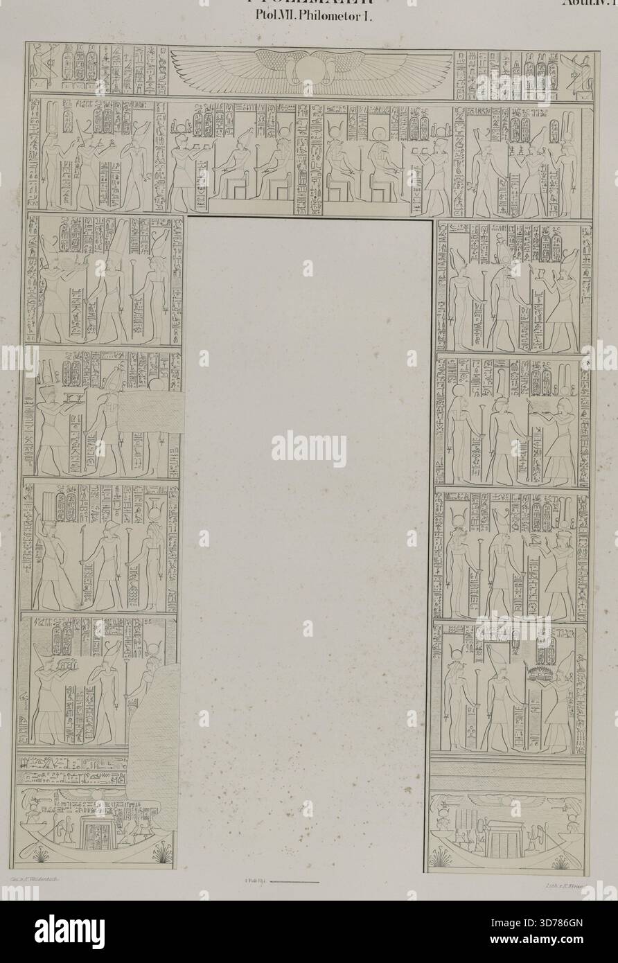 Dieses Kunstwerk zeigt eine Szene aus dem Tempel von Philae, in der der linke Pylonflügel Ptolemaios VII. Philometor I gewidmet ist. Das Stück beleuchtet die altägyptische Architektur und religiöse Themen, mit Votivgaben und Darstellungen von Göttern. Sie wurde zwischen 1849 und 1856 von Ernst Weidenbach geschaffen und in Berlin bei der Nicolaischen Buchhandlung veröffentlicht. Das Werk reflektiert die Geschichte Ägyptens von 332 bis 30 v. Chr. und betont Türen und Türöffnungen innerhalb der archäologischen Stätte von Philae Stockfoto