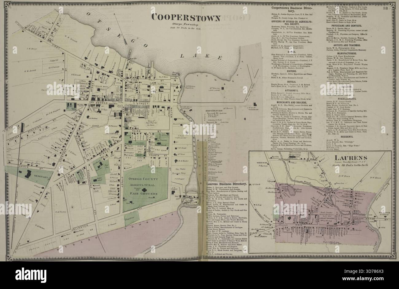 Cooperstown Village; Laurens Business Directory, 1868, von F. W. Beers. Ausgestellt in New York, Otsego County Stockfoto
