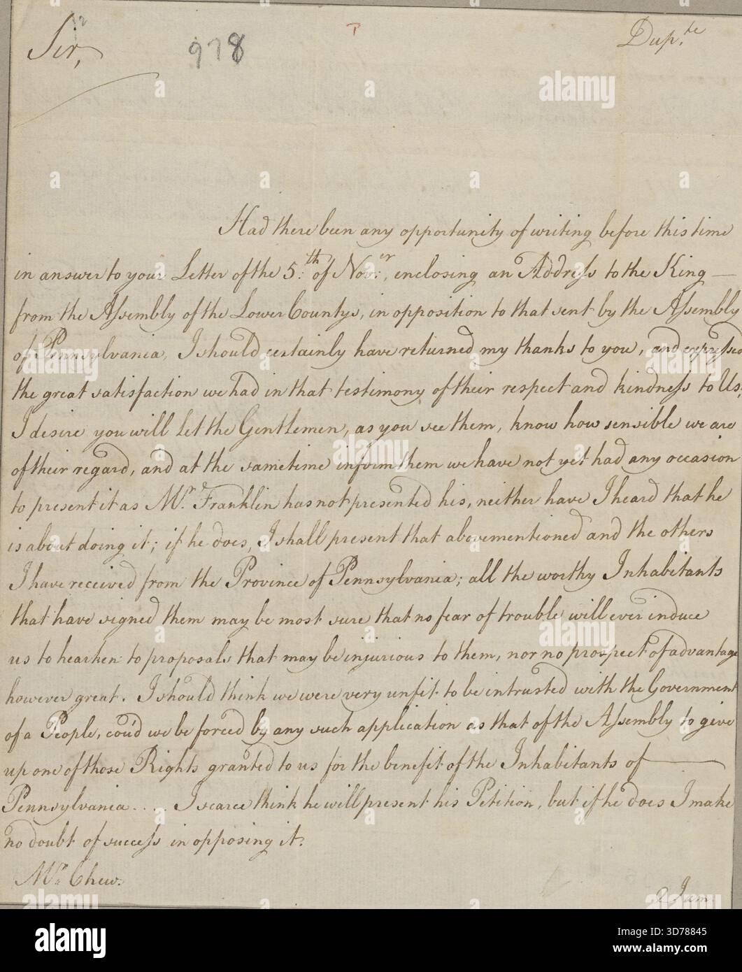 Penn, Thomas. London. An Benjamin Chew., 11.01.1765., signierte Kopie des Briefes; 2 Seiten Stockfoto