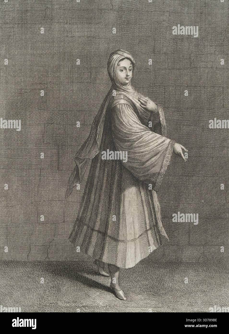 Fille de Tine, isle de l'archipel' von Jean-Baptiste Vanmour, gegründet 1714 und herausgegeben von L. Cars in Paris. Die Gravur zeigt Kleidung und Kleiderstile aus der Türkei Stockfoto