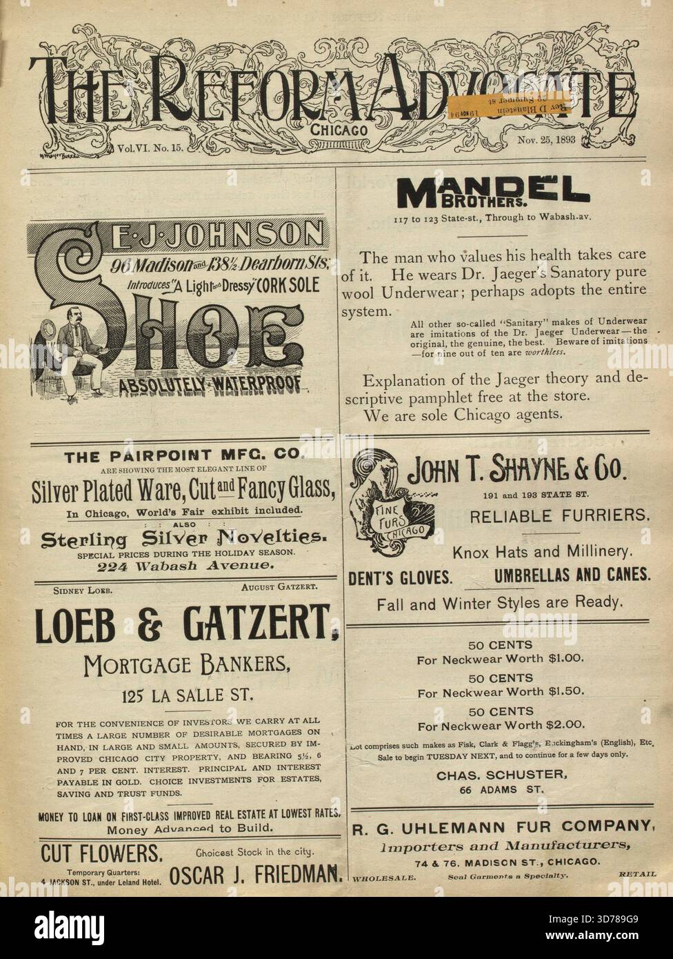 The Reform Advocate, Band 6, nein 15, ausgestellt am 25. November 1893 in Chicago. Der Schwerpunkt liegt auf dem Reformjudentum und umfasst jüdische Zeitschriften Stockfoto