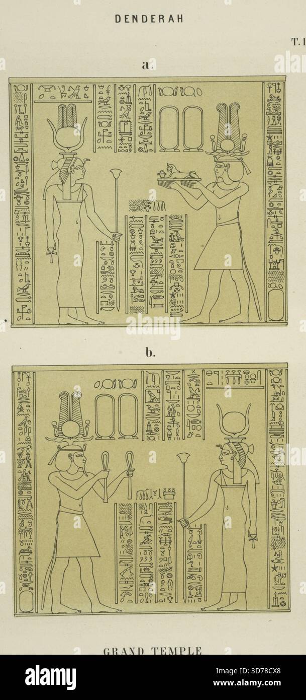 Denderah. Großer Tempel. Chambre K. Tableau auf der Rückgabe der rechten Wand, unmittelbar nach dem Tableau auf der vorherigen Platte; Tableau auf der Rückgabe der linken Wand, unmittelbar nach dem Tableau auf der vorherigen Platte., Paris, A. Franck und F. Vieweg, 1870, Tempel des Hathor (Dandara, Ägypten), Architektur, Dandara (Ägypten) Stockfoto