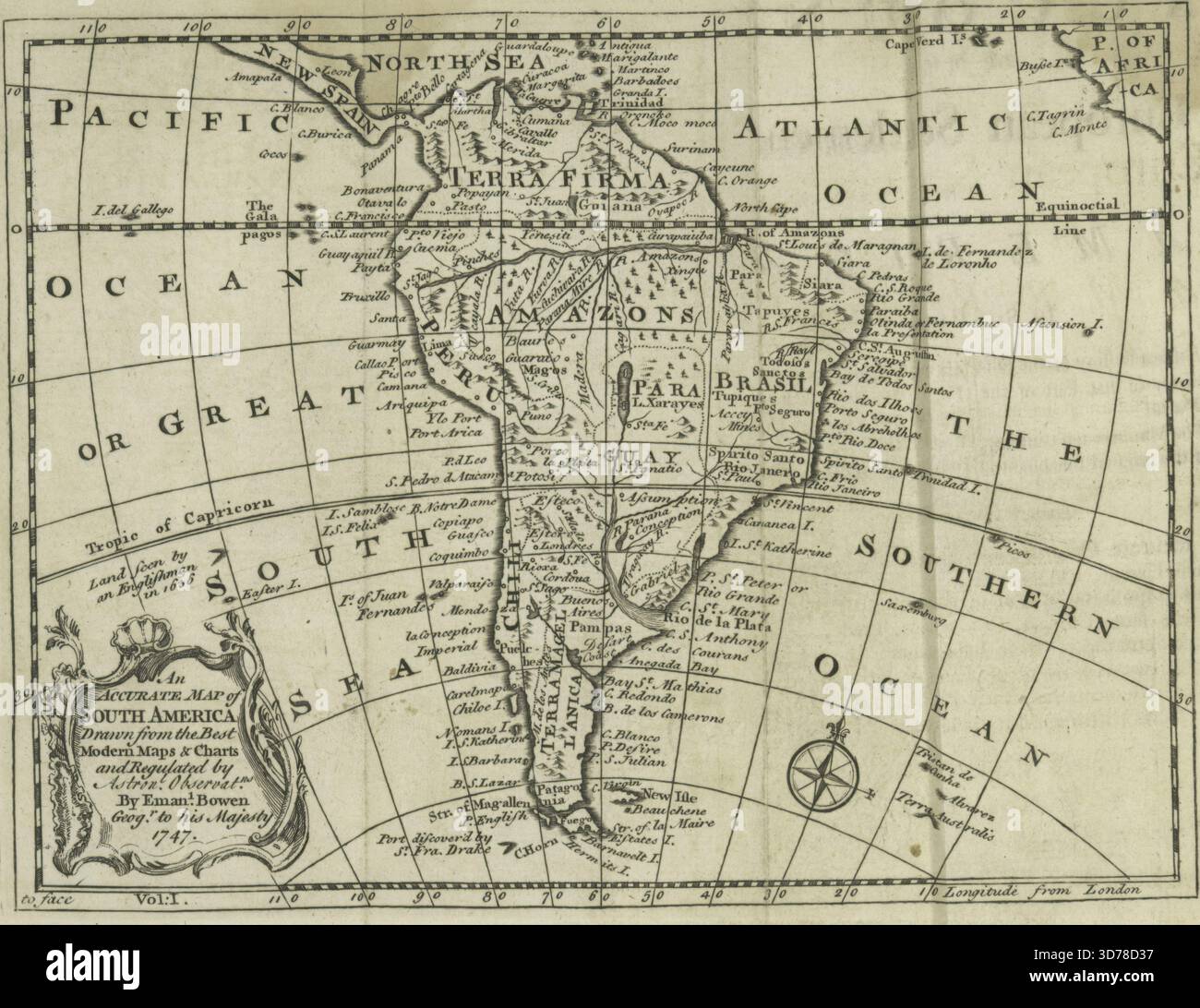 Eine genaue Karte Südamerikas, die aus den besten modernen Karten und Karten stammt und durch astronomische Beobachtungen reguliert wird. Das 1757 von James Dodsley in London herausgegebene Buch konzentriert sich auf die Themen der Entdeckung und Erforschung in Amerika Stockfoto
