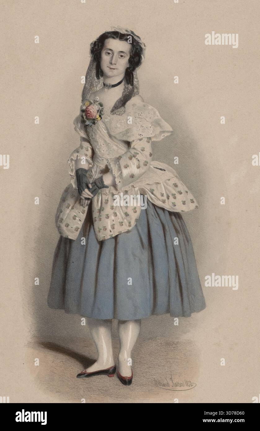 ELISA Albert Bellon im Ballett Manon Lescaut, in der Titelrolle, 1852. Eduard Kaiser (1820-1895). Manon Lescaut., Wien. Herausgeber bei L. T. Neumann. Choreographische Arbeit Casati. Albert-Bellon, Elisa (* 1892). Lithografien, Vignette mit achteckigem Linienrand, farbig; 34 x 19 cm; mit Faksimile-Signatur unten rechts Stockfoto