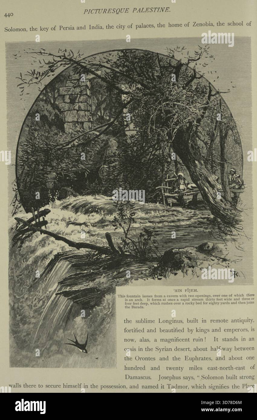 Eine Darstellung von Ain Fîjeh mit einem Brunnen, der aus einer Höhle mit zwei Öffnungen hervorgeht, von denen eine einen Bogen aufweist. Das Wasser bildet einen schnellen Fluss, der etwa 30 Fuß breit und drei bis vier Fuß tief ist und 80 Meter lang über ein felsiges Bett fließt, bevor er mit dem Barada River zusammenfließt. Dieses Bild wurde zwischen 1881 und 1884 von D. Appleton in New York veröffentlicht. Die Abmessungen des Bildes sind 22,5 x 17 cm, was die landschaftliche Schönheit von Wasserfällen und Bächen in Syrien feststellt Stockfoto