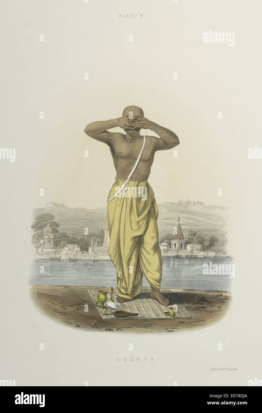 Eine Darstellung im Zusammenhang mit dem Hinduismus mit Elementen wie Ritualen, Gebeten und religiösen Bräuchen, die sich speziell auf die Gottheit Surya konzentrieren, zusammen mit Verweisen auf den Ganges und verschiedenen Geräten und Utensilien, die mit hinduistischen Praktiken verbunden sind. Das Werk stammt aus dem Jahr 1851 und verbindet sich mit Belnos, S.C. und London Stockfoto