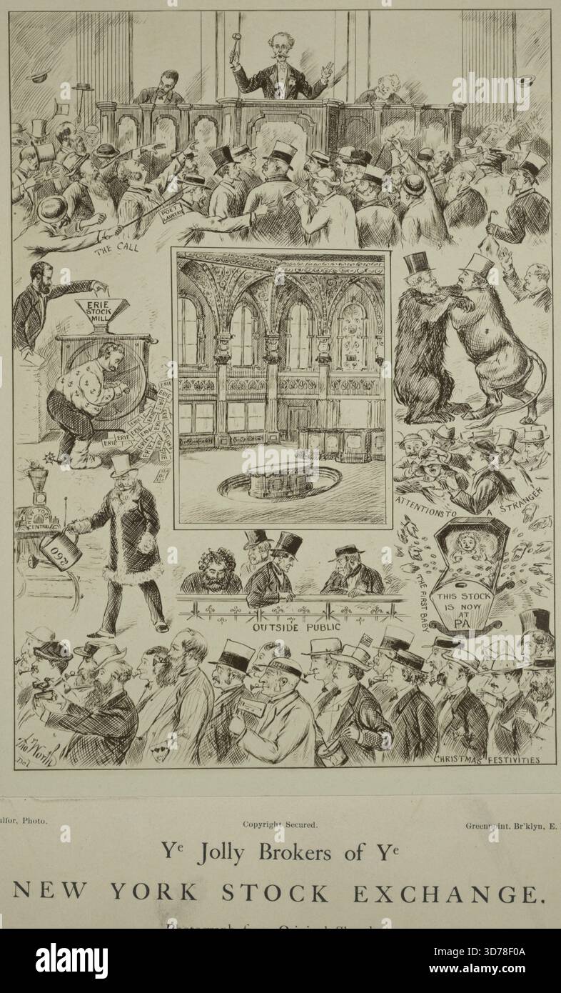 YE Jolly Brokers of YE New York Stock Exchange, 1860–1869, von Thomas Worth (1834–1917). Dieses Foto misst 33 x 24,7 cm und zeigt Börsenmakler an der New Yorker Börse im späten 19. Jahrhundert. Das Ambiente fängt die Innenräume der Börse ein und spiegelt die Atmosphäre und die Aktivitäten des Aktienhandels in dieser Zeit wider Stockfoto