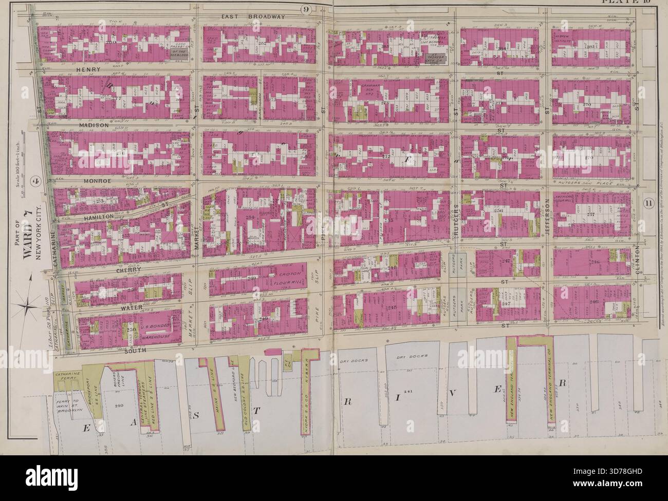 Plate 10 Karte begrenzt von E. Broadway, Clinton St., East River und Catharine St., herausgegeben 1893 von E. Robinson Co., New York Stockfoto