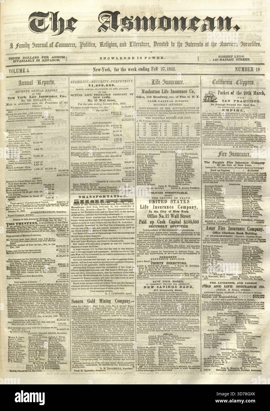 The Asmonean, Band 5, nein 19, New York, New York, Herausgeber, Robert Lyon, 1852-02-27, Juden, New York (Staat), jüdische Zeitungen Stockfoto