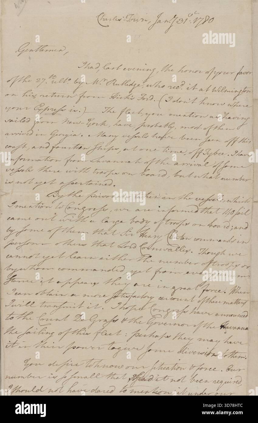 Schreiben an das Komitee, das mit dem Befehlshaber des südlichen Departements korrespondiert. 31. Januar 1780, Charles Town, S.C. zeitgenössische Kopie von A. L.S. bestätigt. 2 S. Fo Stockfoto