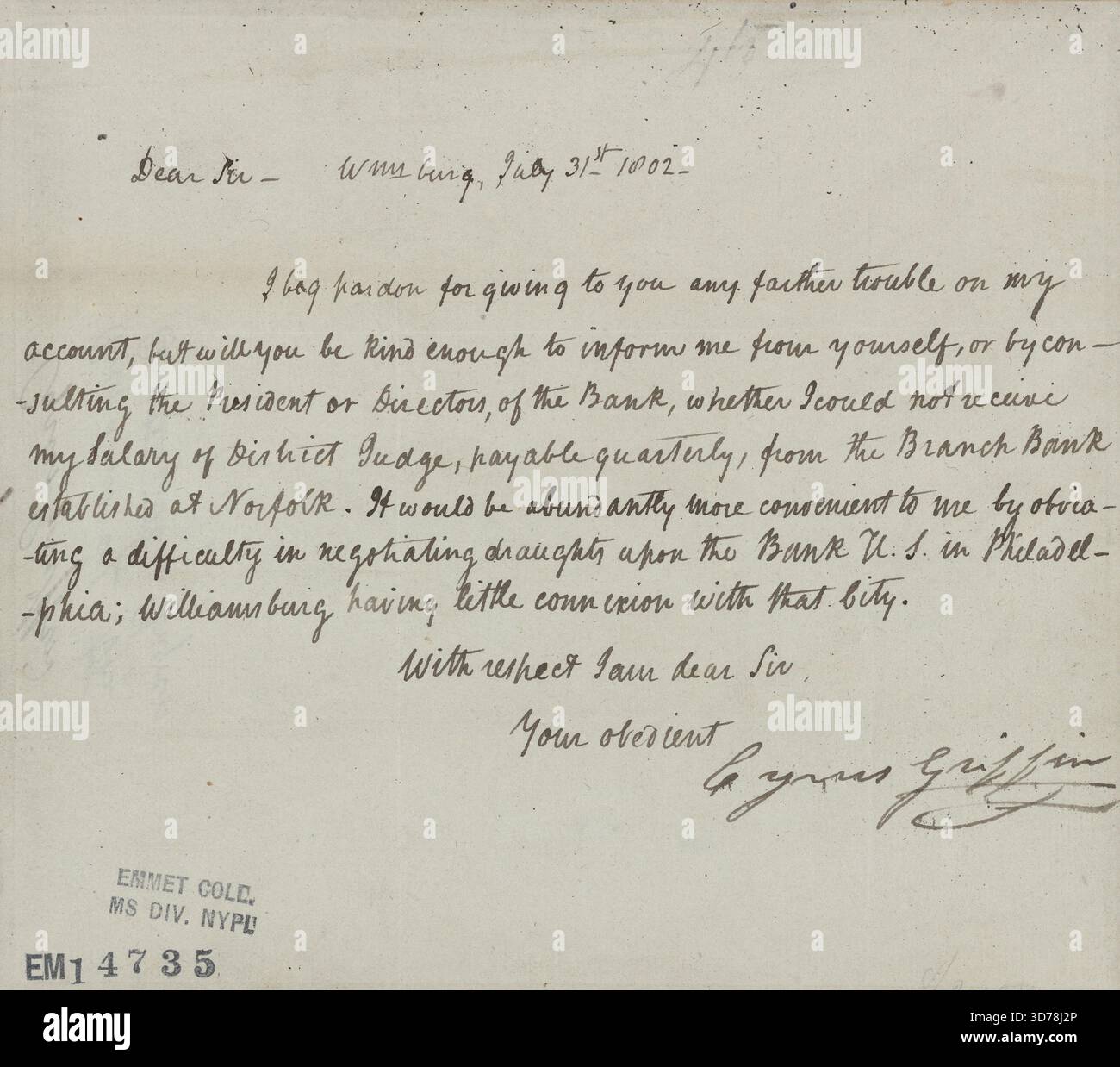 Schreiben vom 31. Juli 1802 an einen nicht näher bezeichneten Empfänger aus Williamsburg, Va Der Brief ist eine Seite lang und mit einer linken Unterschrift (L. S.) signiert, die im Quartoformat (4o) formatiert ist Stockfoto