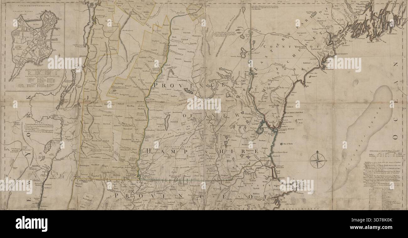 Eine Karte des am meisten bewohnten Teils von New England mit den Provinzen Massachusetts Bay und New Hampshire sowie den Kolonien Connecticut und Rhode Island, unterteilt in Countys und Townships. Sie basiert auf tatsächlichen Erhebungen und wird durch astronomische Beobachtungen angepasst. Diese handkolorierte Karte wurde 1774 von Thomas Jefferys erstellt und misst 107 x 100 cm. Die NYPL-Kopie ist in zwei Blätter mit einer Größe von 54 x 100 cm oder kleiner unterteilt. Veröffentlicht in London, England Stockfoto