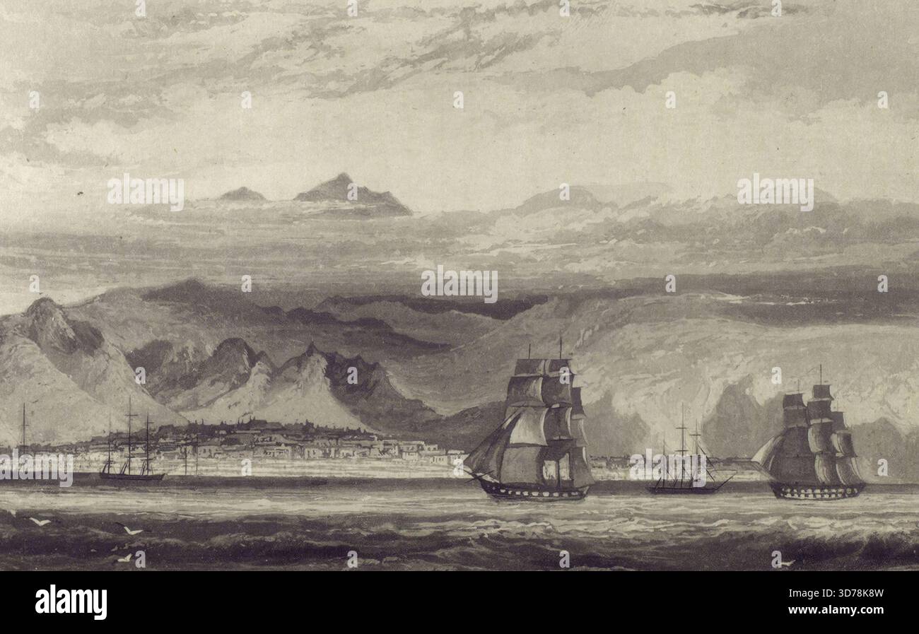 Blick auf Lima vom Meer in der Nähe von Callao, 1825., 1825., London. Herausgeber John Murray, Albemarle Street. Südamerika, Segelschiffe, Gewässer, Peru, Lima. Gravuren, 21 x 12 cm Stockfoto