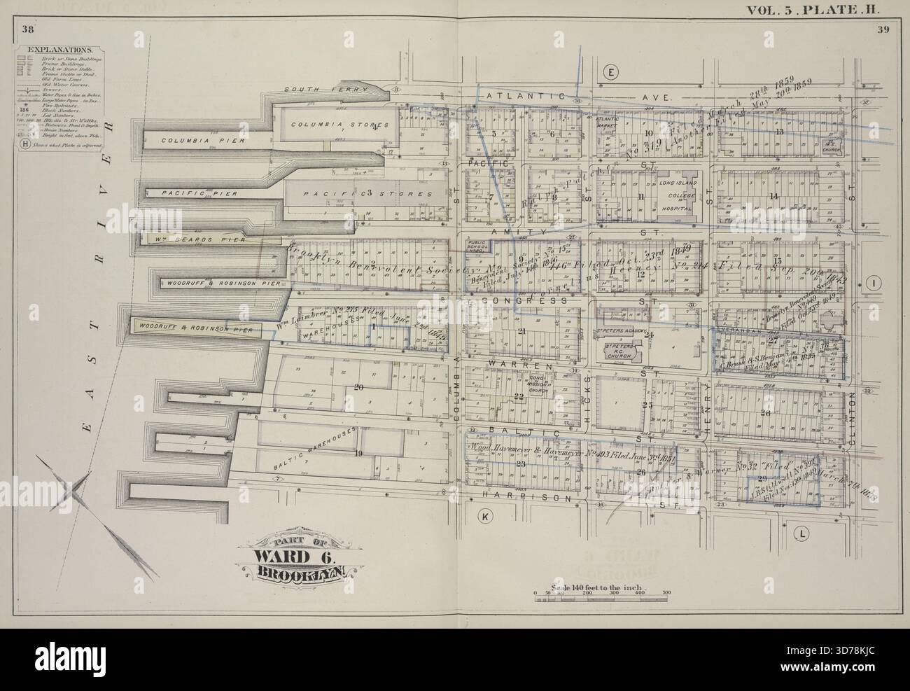 Vol. 5. Platte H. Karte gebunden durch Atlantic Ave., Clinton St., Harrison St., East River; einschließlich Pacific St., Amity St., Congress St., Verandan Pl., Warren St., Baltic St., Columbia St., Hicks St., Henry St., 1880, Philadelphia, Herausgeber, G.M. Hopkins & Co., Brooklyn (New York, N.Y.), Immobilien, New York (Bundesstaat), New York Stockfoto
