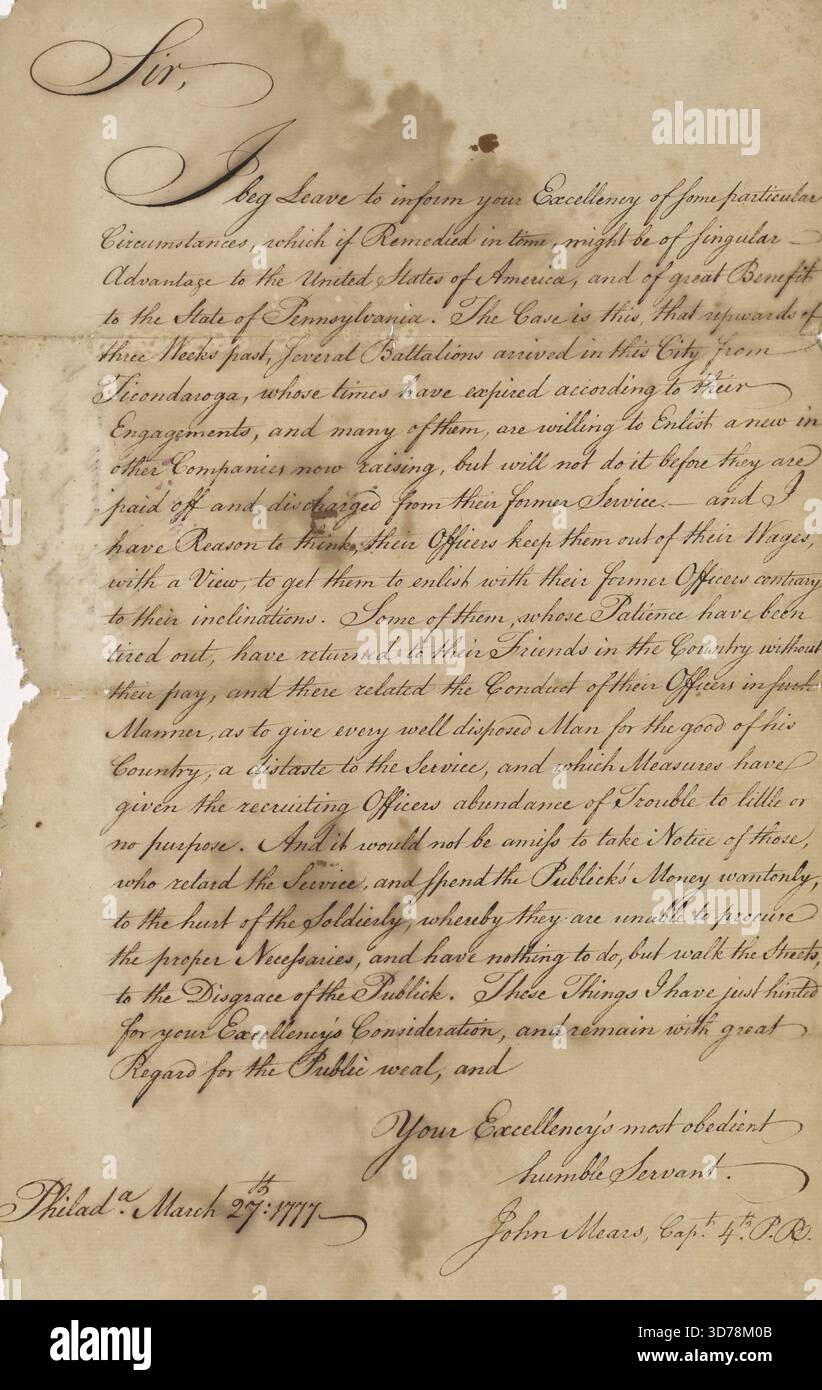 27. März 1777, Brief, historische Korrespondenz. Im Skript erfasste Zeit Stockfoto