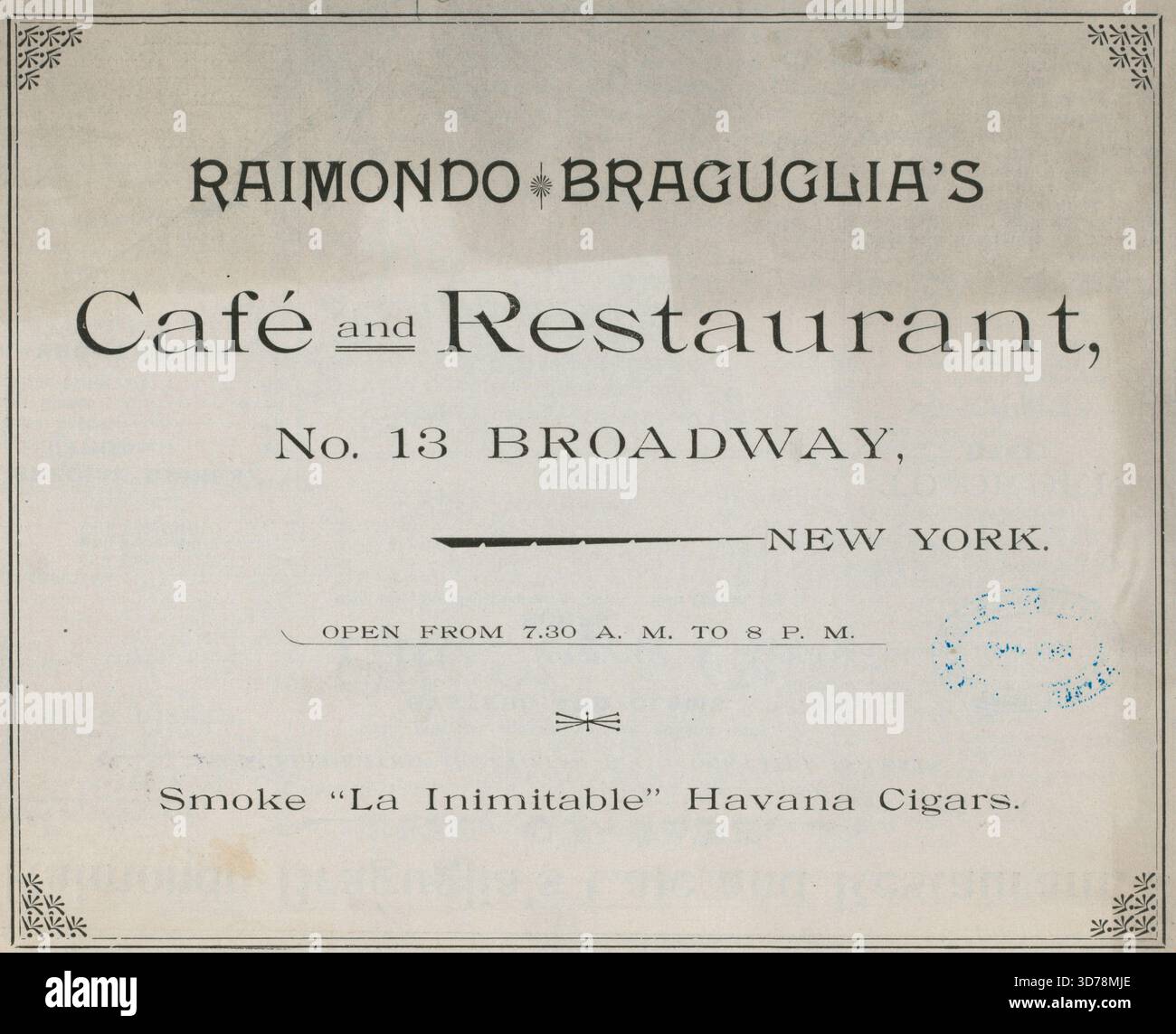 Tageskarte von Raimondo Braguiglia's Café & Restaurant, ausgestellt 1899. Das Dokument wird im Ordnerformat dargestellt und enthält Illustrationen. Die Abmessungen sind 10,5 x 8,5 Zoll Stockfoto
