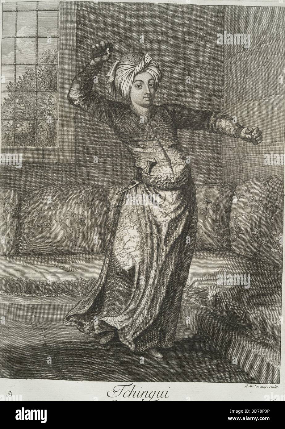 Tchingui, ein türkischer Tänzer, der 1714 von Jean-Baptiste Vanmour geschaffen wurde. Veröffentlicht von L. Cars in Paris. Das Kunstwerk zeigt traditionelle Kleidung und Kleidung aus der Türkei und zeigt Tänzer und Elemente der türkischen Kultur in einem gravierten Format Stockfoto