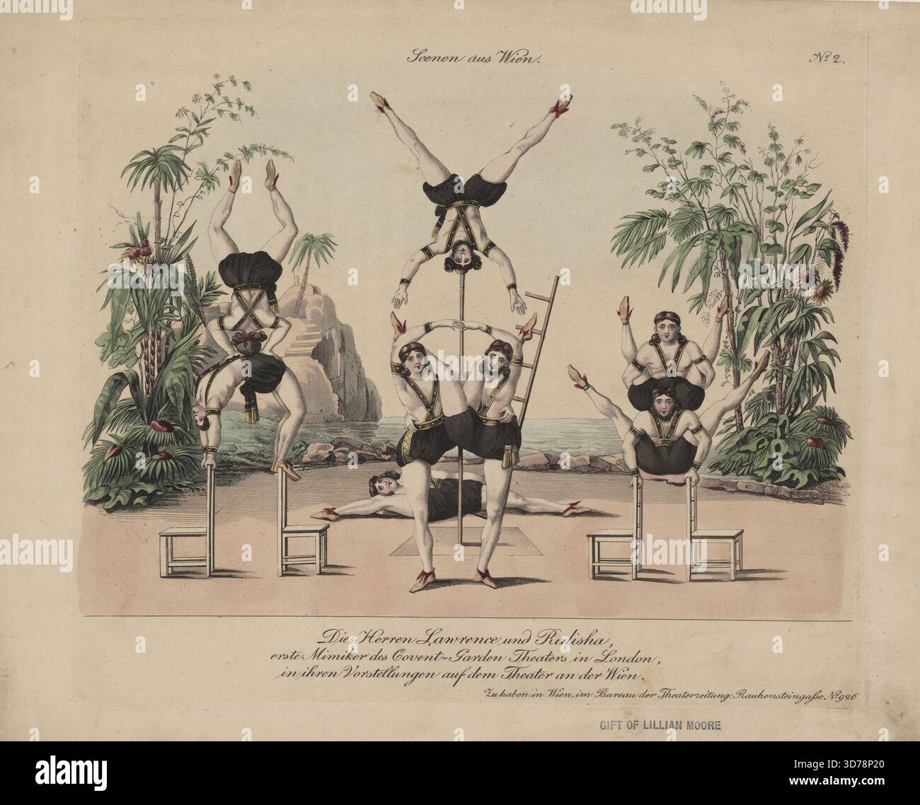 Ein Kupferstich, der die Darsteller Lawrence und Redisha, prominente Nachahmer des Covent Garden Theaters in London, während ihrer Aufführungen im Theater an der Wien 1838 darstellt. Das Kunstwerk zeigt Elemente des akrobatischen Tanzes und der rhythmischen Gymnastik, die charakteristisch für die Performancekunst des 19. Jahrhunderts in Österreich, insbesondere in Wien, sind. Das Bild misst 21,2 x 24,7 cm und zeigt farbige Elemente mit einer Plattenmarkierung Stockfoto