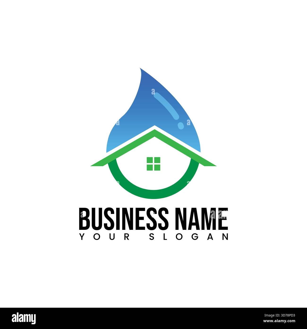Modernes Hauslogo kombiniert mit blauem Wassertropfen und grünen Dachelementen. Ideal für Sanitär- und Hauspflege, Dachdecker, Öko-Frien Stock Vektor