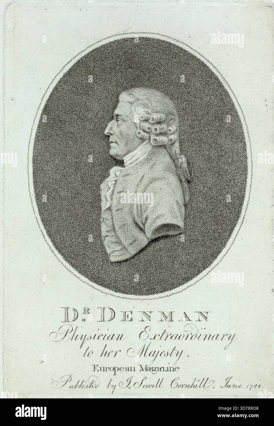 Eine medizinische Illustration mit Dr. Thomas Denman, veröffentlicht 1788 von J. Sewell in London. Dazu gehören Stipple-Stiche und Stiche, die sich auf den Arzt beziehen Stockfoto