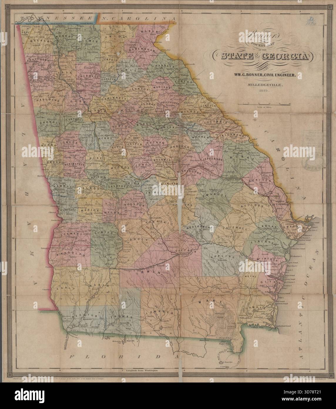 Bonners Taschenkarte des Bundesstaates Georgia, 1849. Die Karte ist handgemalt und misst 48 x 42 cm auf einem Blatt von 52 x 44 cm, das sich in einem Ordner von 13 x 9 cm befindet. Die Karte enthält Details zu Eisenbahnstrecken sowie zu administrativen und politischen Unterteilungen innerhalb Georgiens. Veröffentlicht von WM. G. Bonner in Milledgeville, Georgia Stockfoto