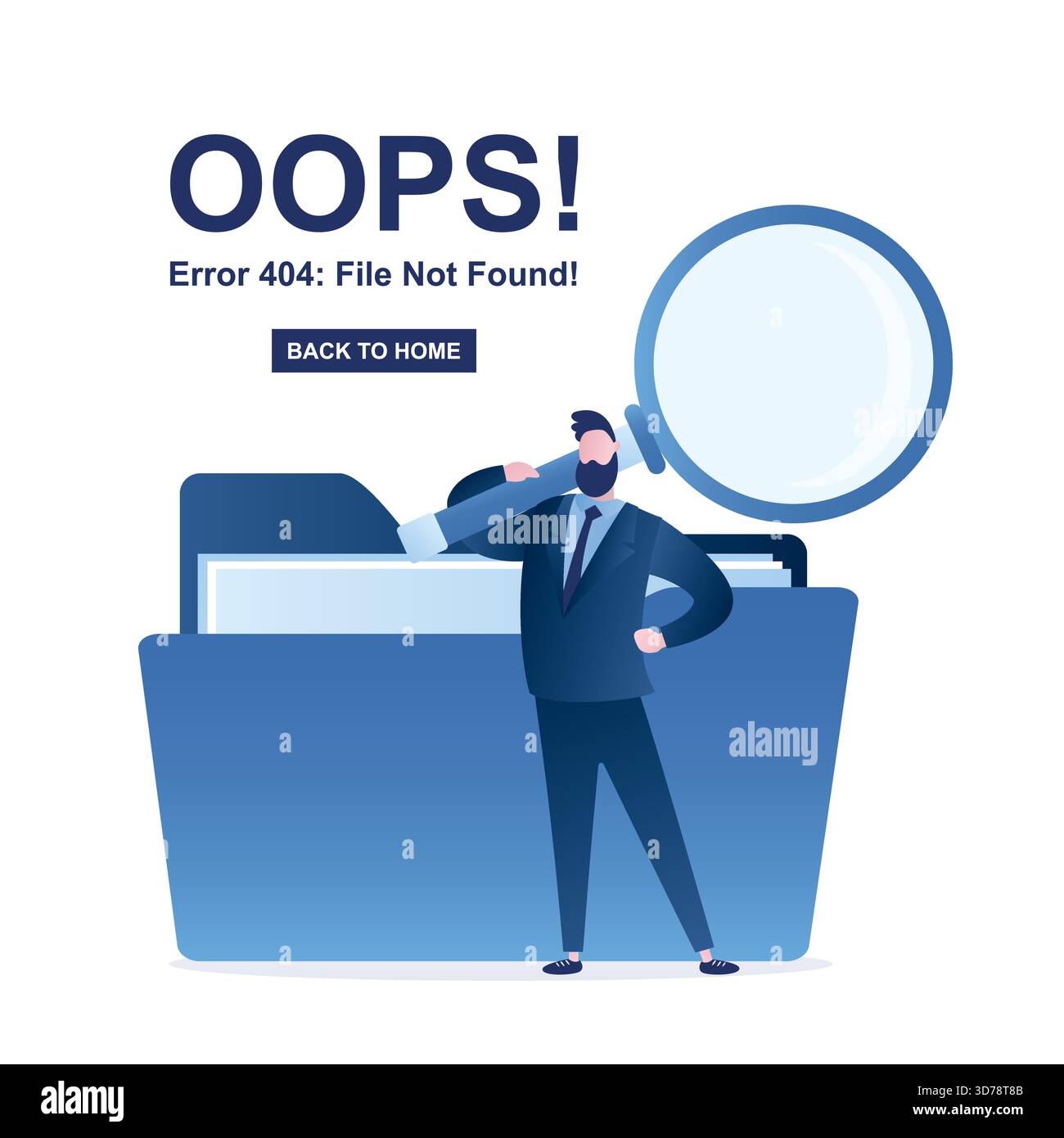 404 Fehler, Datei nicht gefunden - Webseitenvorlage. Man sucht Dateidaten mit Lupe im Ordner. Dateimanager, Dokumente in Datenbank. Fehler Stock Vektor