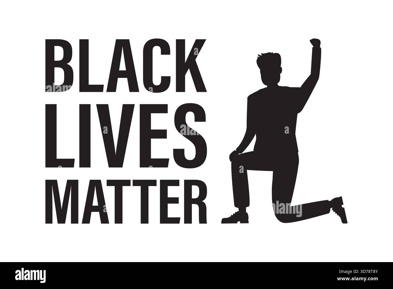 „Black Lives Matter“-Banner. Silhouette eines Mannes, der auf einem Knie stand und seine Hand hochhob. Protest gegen Polizeibrutalität. Schwarzes Design ist Stock Vektor