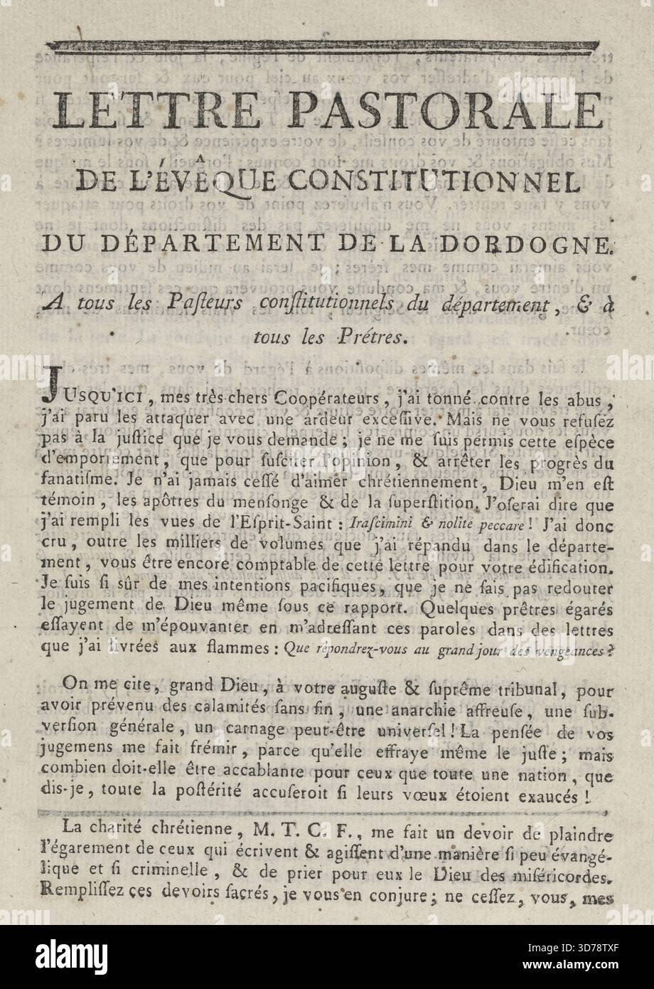 Ein historisches Dokument mit dem Titel „Lettre pastorale de l'Évêque constitutionnel du Département de Dordogne“, das an alle konstitutionellen Pastoren und Priester im Departement Dordogne gerichtet ist. Der Brief wurde 1791 von Périgueux herausgegeben und von de l’Imprimerie des Amis de la Constitution & de M. l’Evêque, Pontard, Pierre veröffentlicht. Das Dokument behandelt Themen im Zusammenhang mit der katholischen Kirche, den Beziehungen zwischen Kirche und Staat und der Revolution in Frankreich. Er besteht aus 4 Seiten und ist 24 cm groß (4 bis Stockfoto