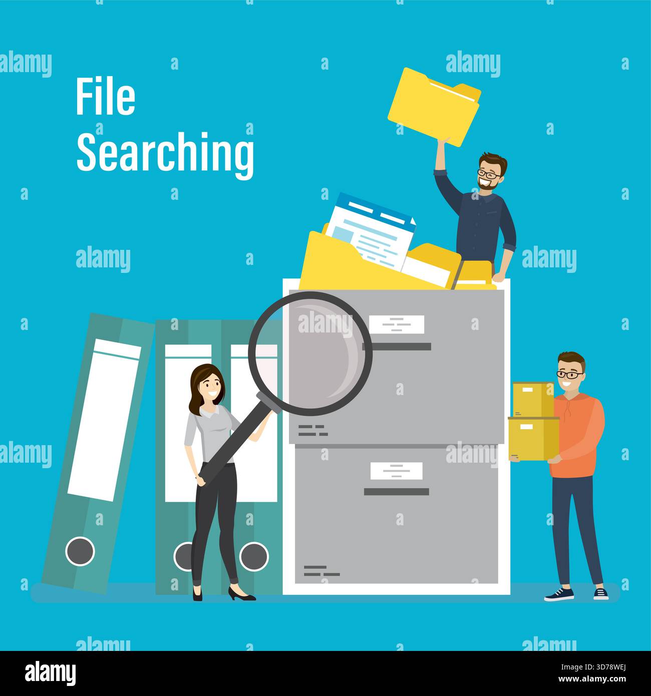 Aufbewahrungsbox, Aktenordner und Ordner mit Dokumenten. Gruppe von Büroangestellten, die nach Dateien und Informationen suchen. Konzept der Dateisuche. Dateimanager Stock Vektor
