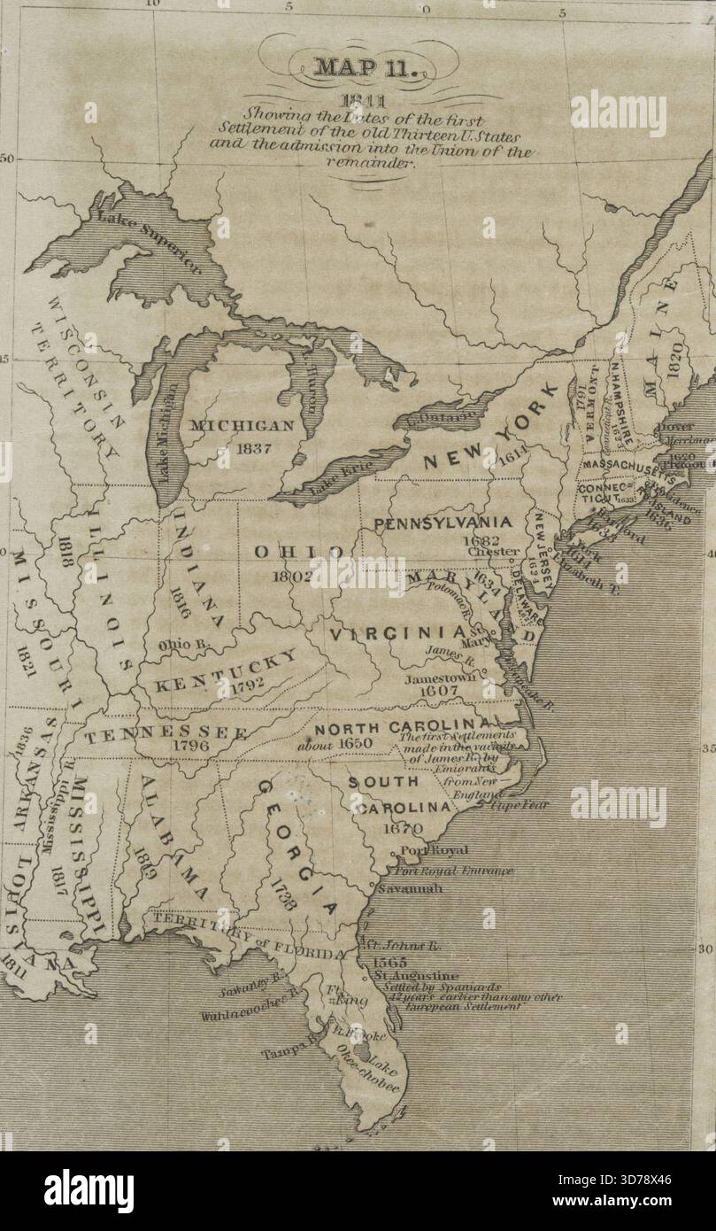 Eine Karte aus dem Jahr 1841, die die Daten der ersten Besiedlung der ursprünglichen dreizehn Vereinigten Staaten und der anschließenden Aufnahme anderer staaten in die Union beschreibt. Die Karte wird einem nicht näher bezeichneten Verlag in New York zugeschrieben und misst 17 x 11 cm und konzentriert sich auf die historische Geographie der Vereinigten Staaten Stockfoto