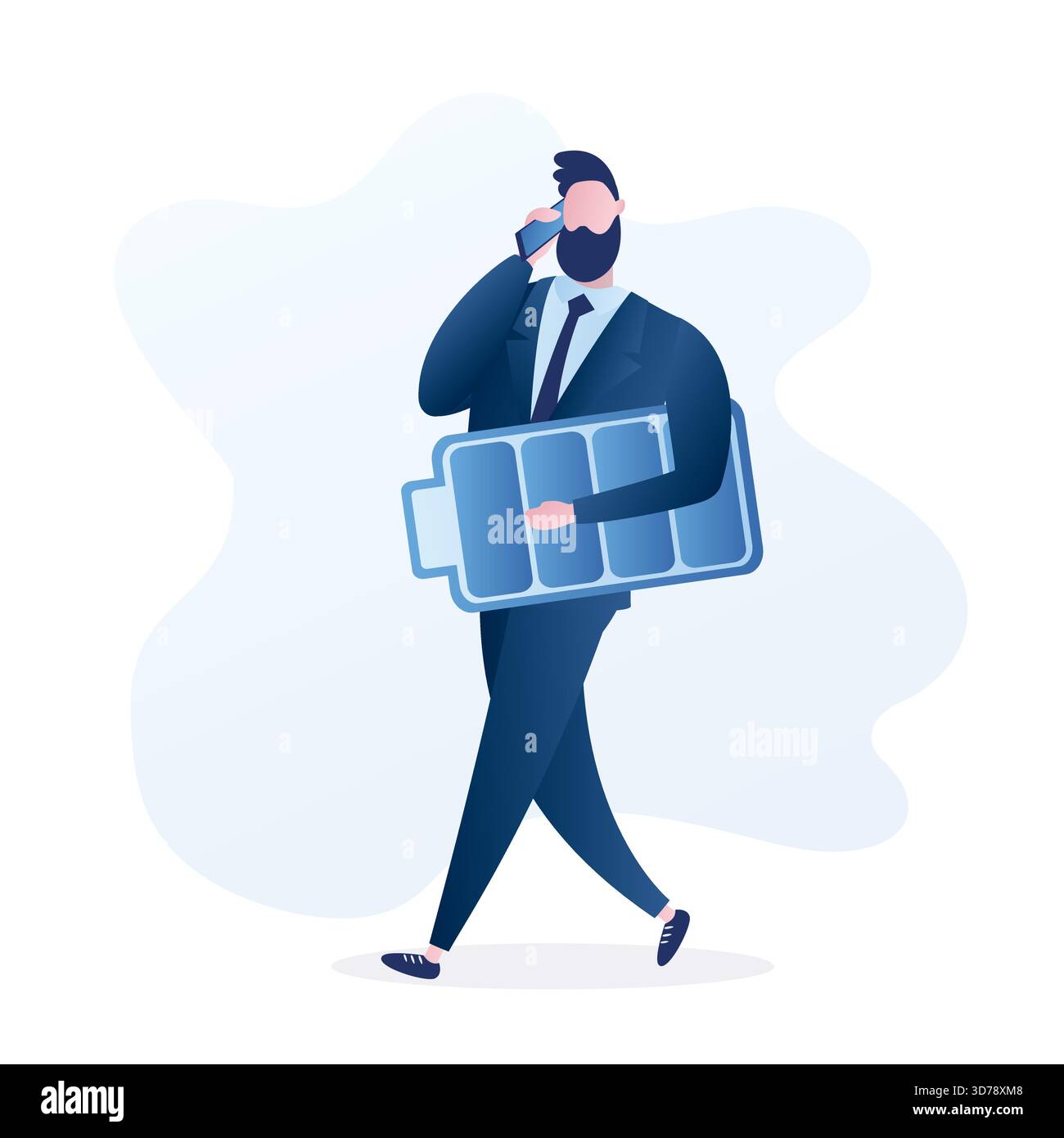 Glücklicher positiver Geschäftsmann hält die Batterie voll auf und geht zur Arbeit. Erfolgreicher, starker Mitarbeiter, Stressresistenz-Konzept. Gesunde männliche Cha Stock Vektor